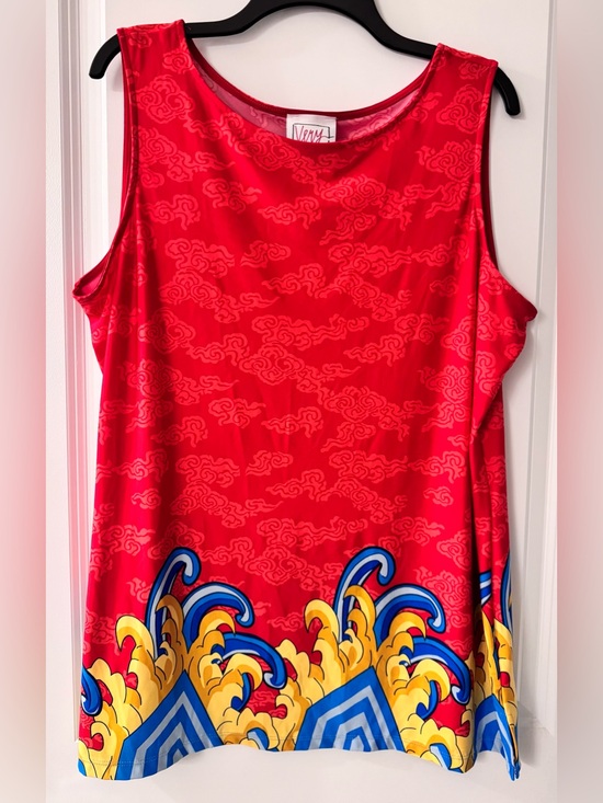 Very Vollbrach Tops - #z256 - Very Vollbrach Wearable Art Red, Blue & Gold Geometric Swirl Tunic Tank